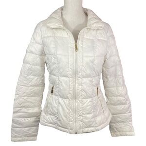 Packable Puffer Jacket M White Quilted Grid Geometric Short Black Rivet Full Zip